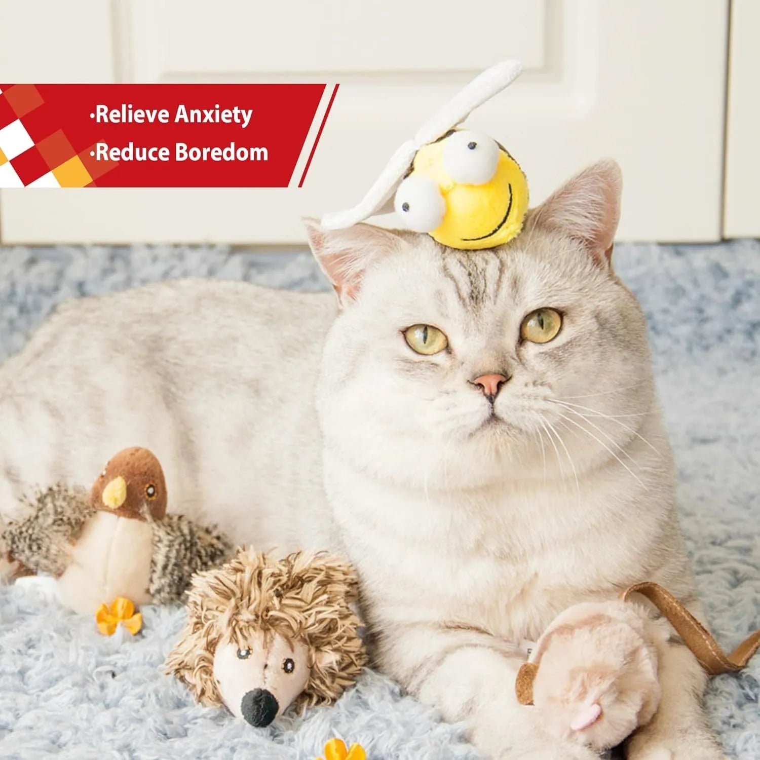 Yellow bee-shaped electronic cat toy with motion-activated squeaking sounds for interactive indoor play