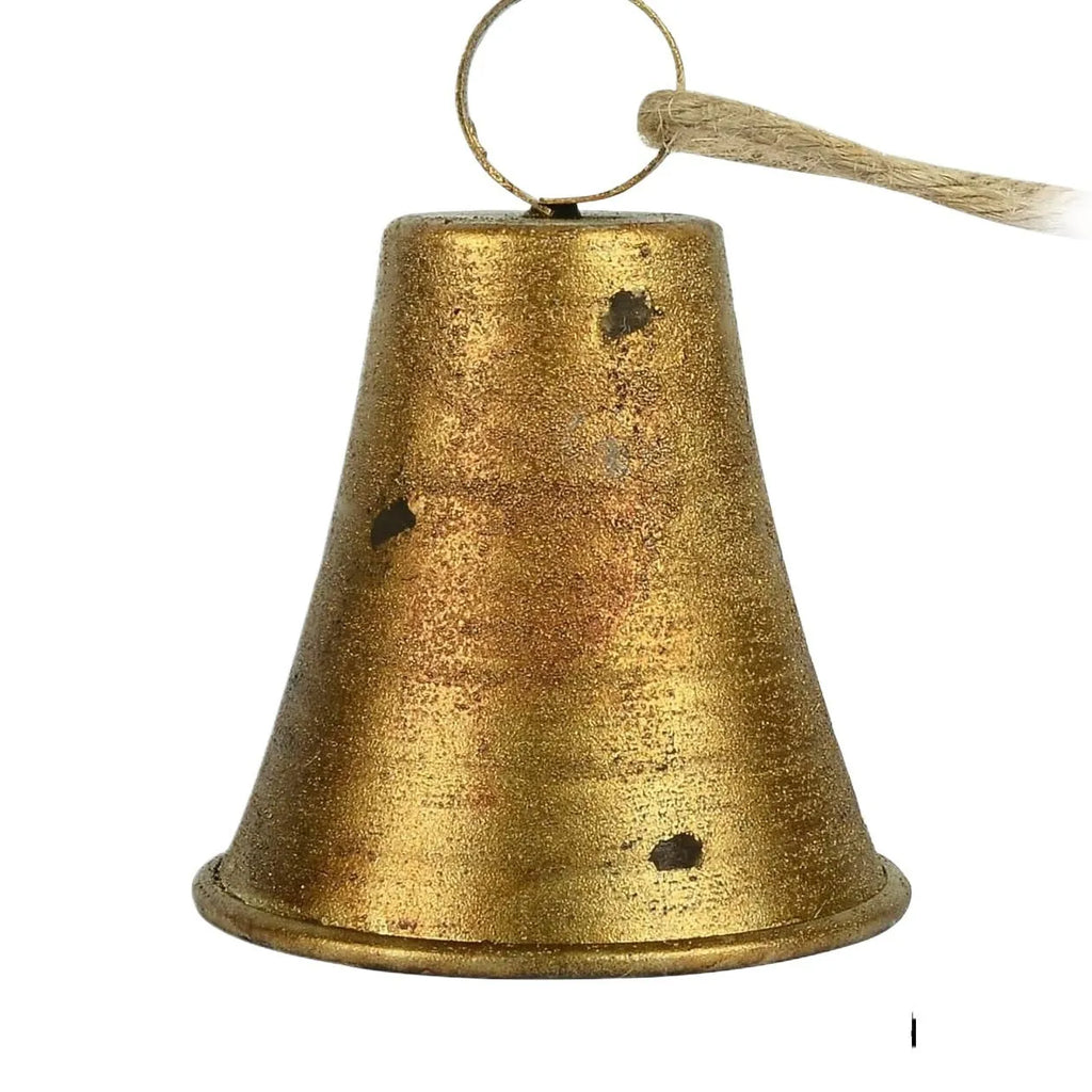 Set of four retro country handmade metal bells in rustic style, each 11.5 x 8.5 cm, on white background