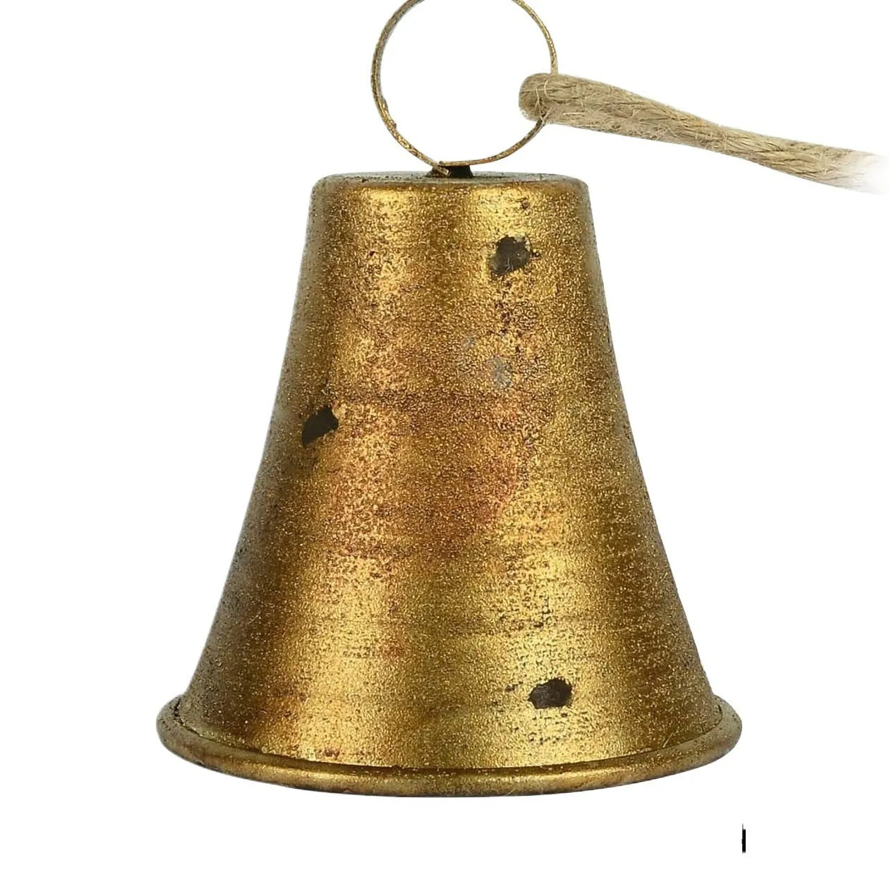 Set of four retro country handmade metal bells in rustic style, each 11.5 x 8.5 cm, on white background