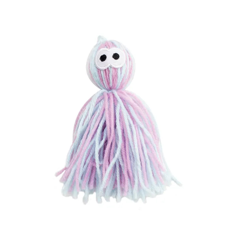 Bite-resistant wool cat ball toy with hanging attachment in blue grey, pink and blue, or pink purple colours