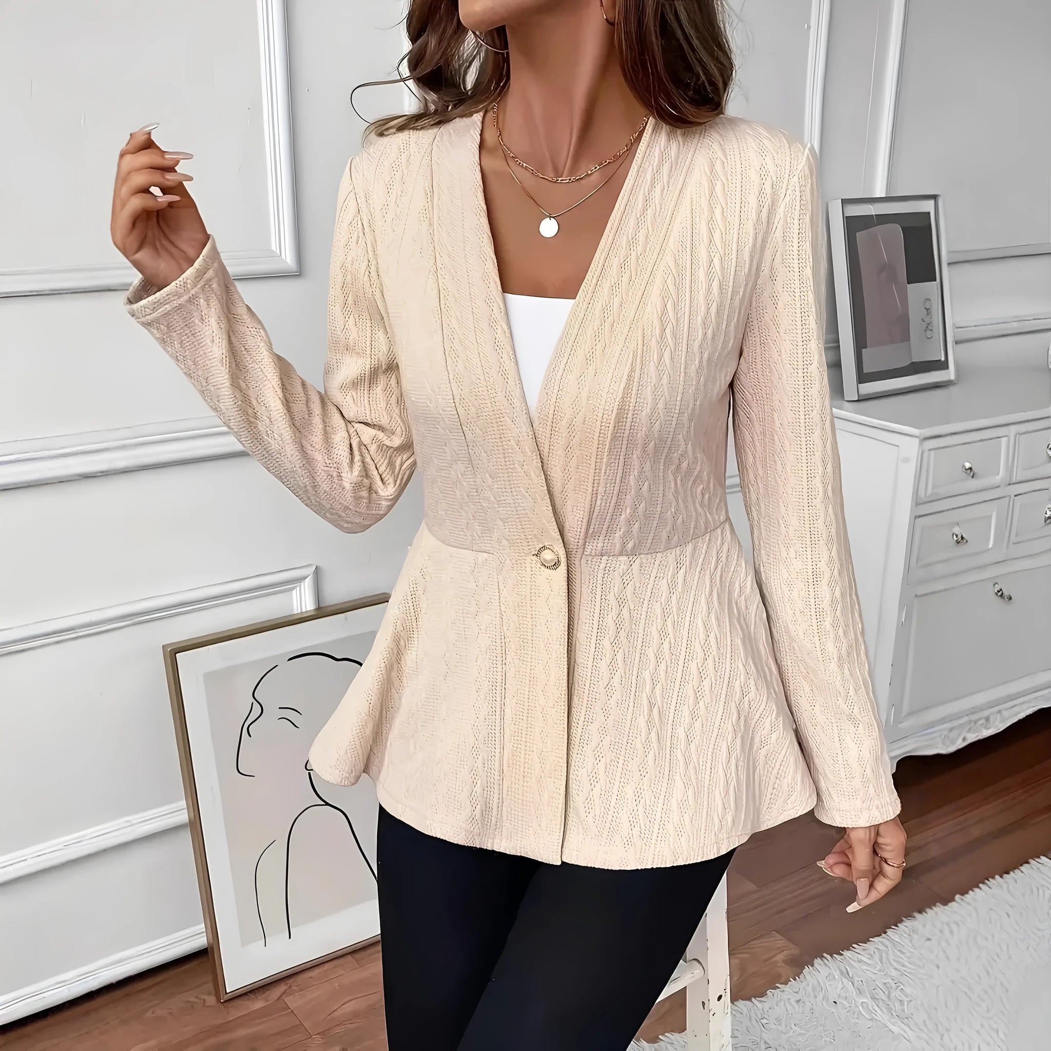 Women's apricot jacquard knitted cardigan with one button front and long sleeves