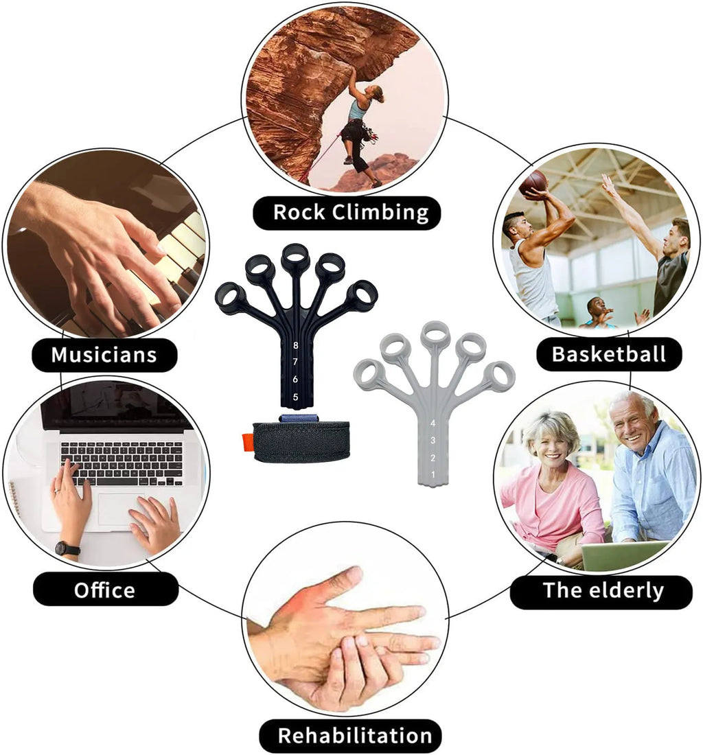 Black silicone finger flexion and extension trainer with adjusting belt for hand therapy