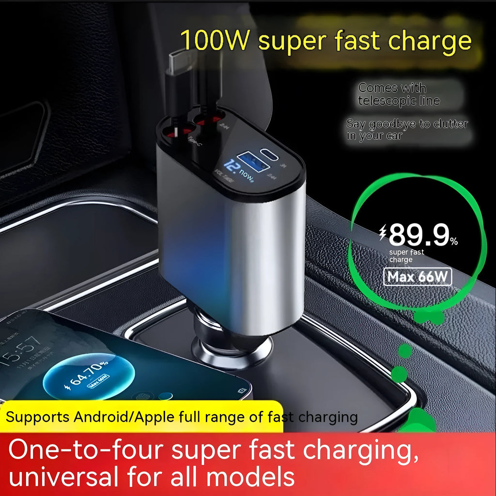 Automatic retractable car charger with four USB ports for fast charging in vehicle