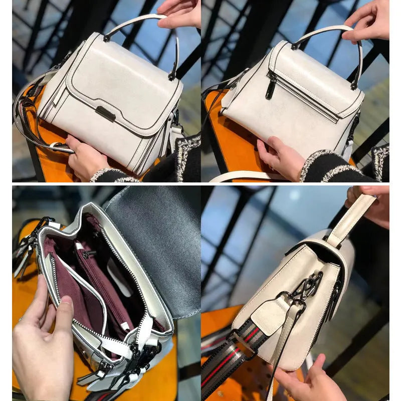 Women's brown genuine leather retro messenger bag with shoulder strap showing organised interior pockets.