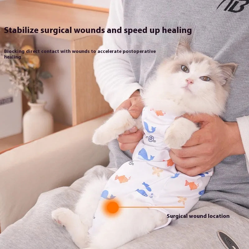 Polyester cat recovery suit with Velcro fasteners for post-sterilisation wound protection in various colours.