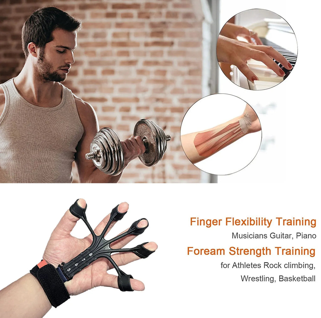 Black silicone finger flexion and extension trainer with adjusting belt for hand therapy