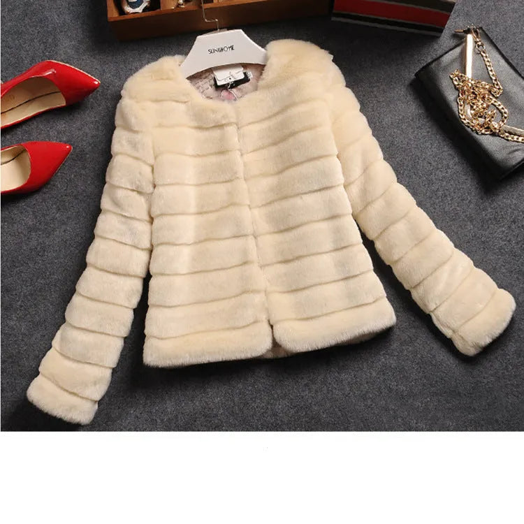 Women's faux fur top with regular sleeves in beige colour showing textured fabric