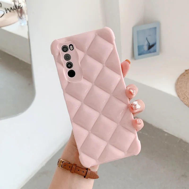 Silicone diamond back cover phone case for Huawei smartphones in black, green, pink, and white.