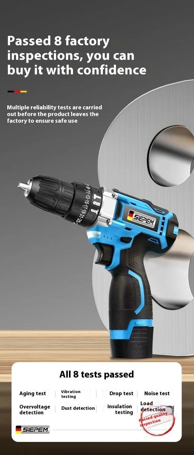 12V dual-speed pistol grip impact drill and electric screwdriver set in a plastic storage case.