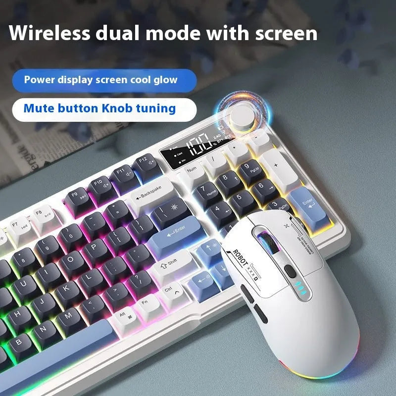 Wireless mechanical-feel keyboard and mouse in a two-tone colour option, showing Type-C cable and connectivity switches.