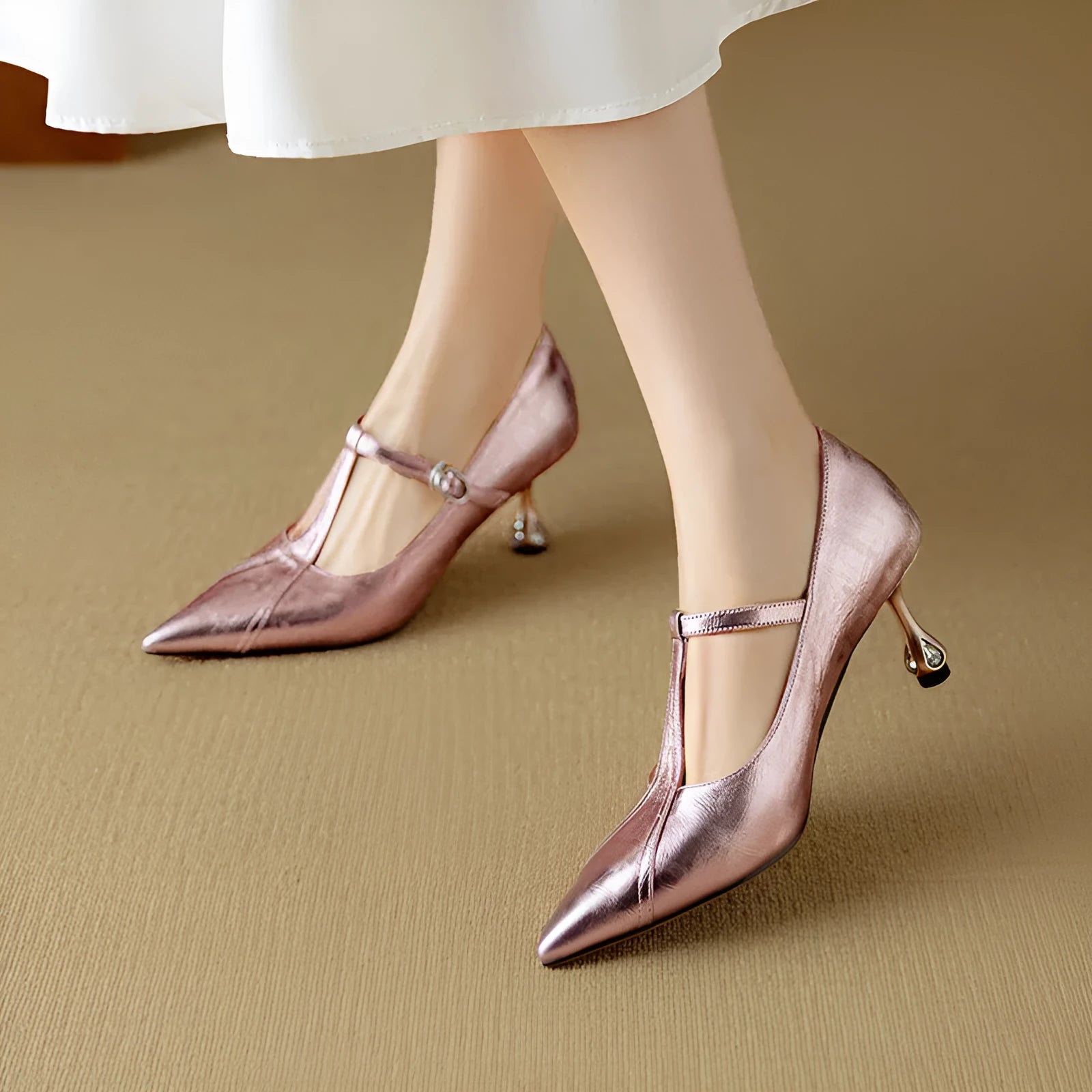 Women's gun colour genuine leather pointed-toe Mary Jane pumps with a chunky mid heel and sheepskin lining.