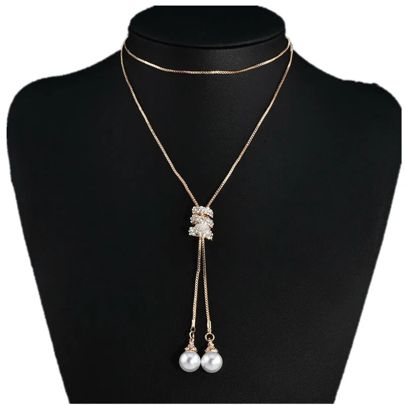 Alloy pearl necklace with twin-strand bamboo chain in silver finish