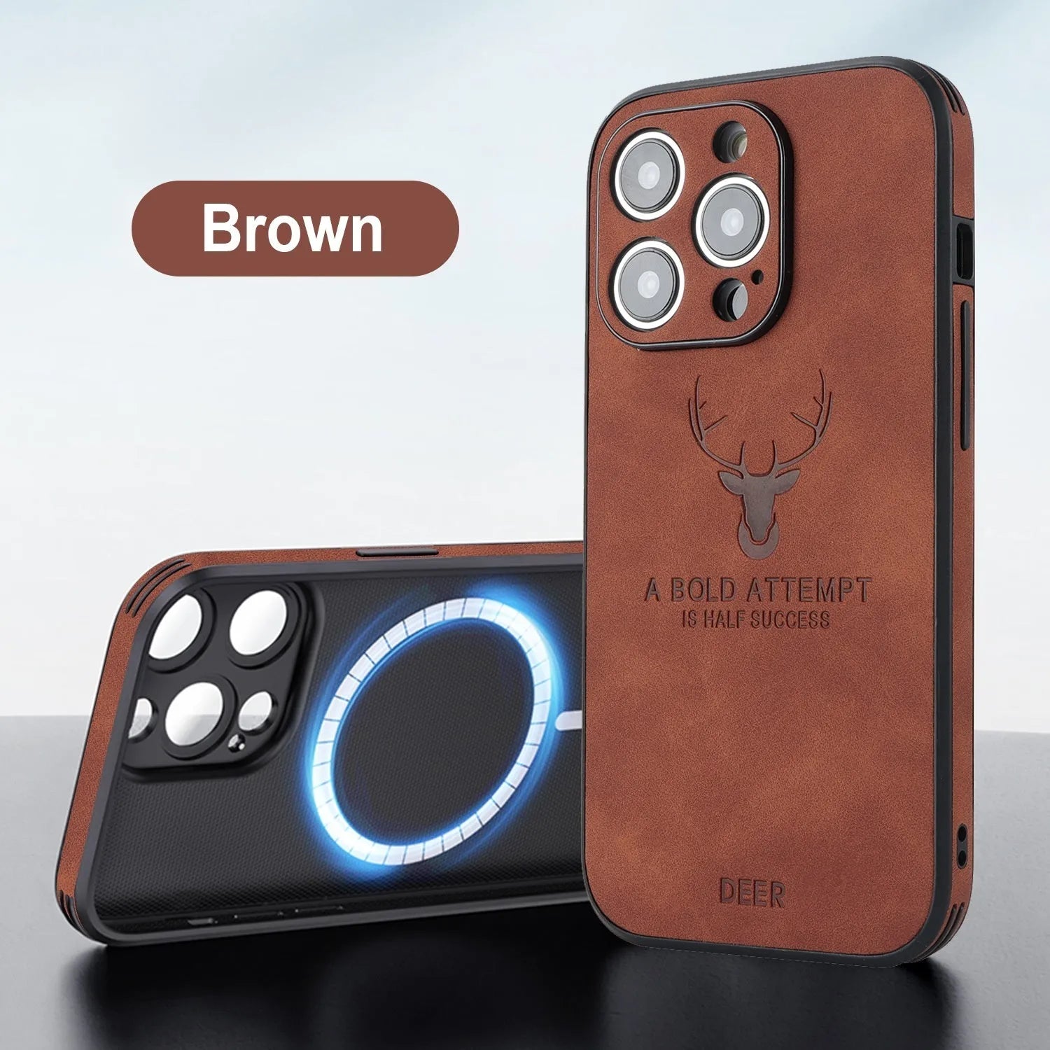 iPhone 16 magnetic charging case with 3D embossed moose head design in imitation leather
