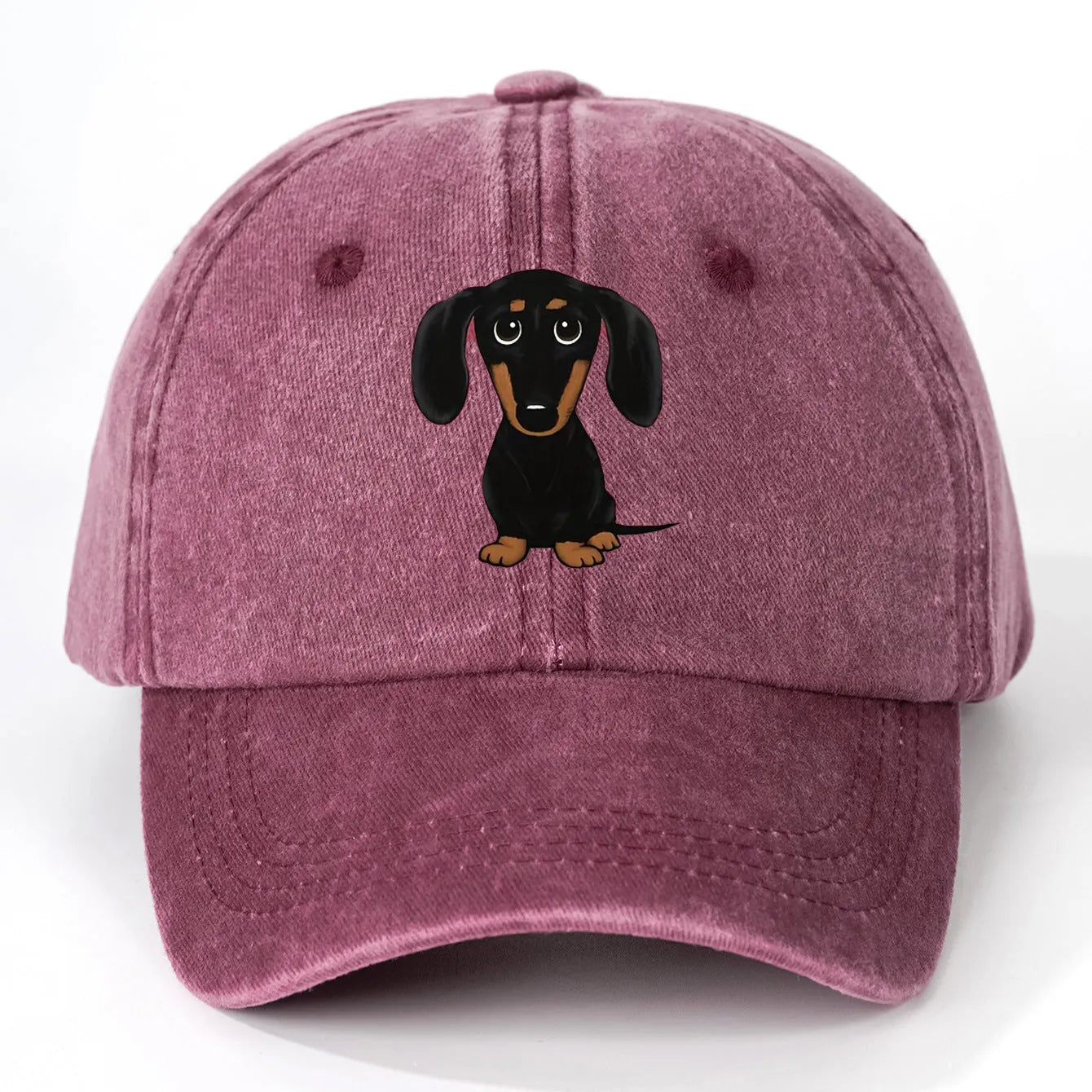Retro washed cotton baseball cap with embroidered dachshund dog print, dome crown, peaked brim