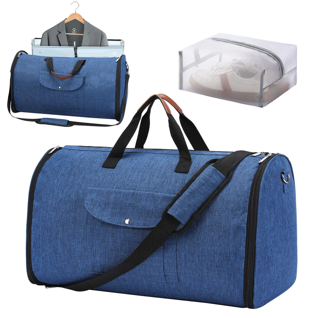 Folding duffel luggage bag in dark blue with 36-55L capacity for business travel and workouts