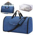 Folding duffel luggage bag in dark blue with 36-55L capacity for business travel and workouts