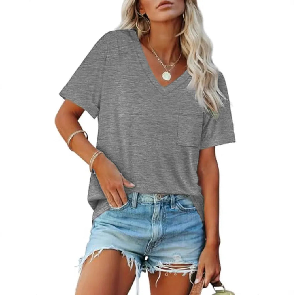 Grey loose fit V-neck T-shirt with chest pocket and short sleeves