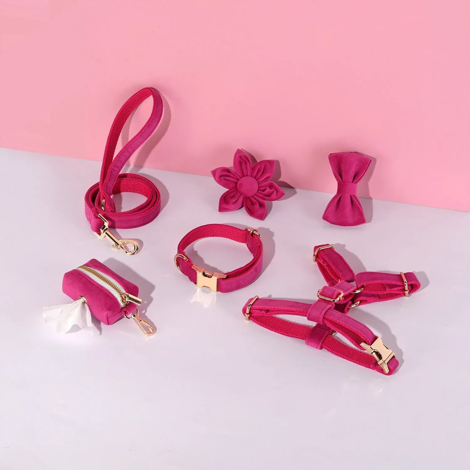 Classic velvet soft pet collar traction rope set with matching harness and accessories in multiple colour options