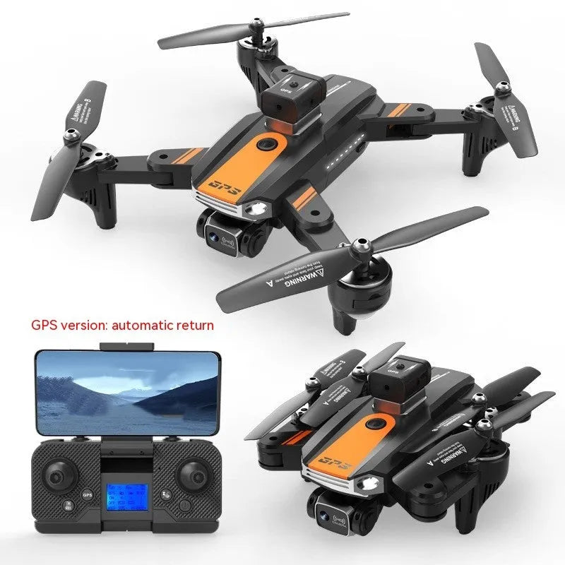 Orange quadcopter drone with dual cameras and obstacle avoidance sensors measuring under 30cm
