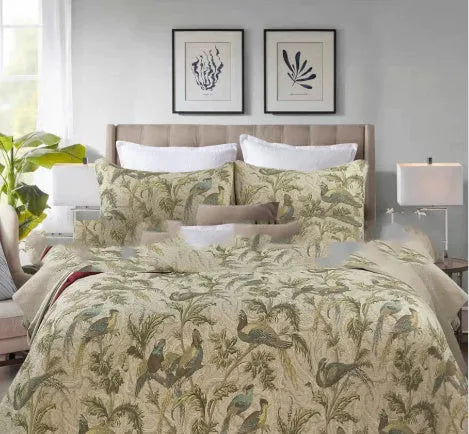 Blue American floral cotton bedspread set with quilted textiles in 230x250 cm size