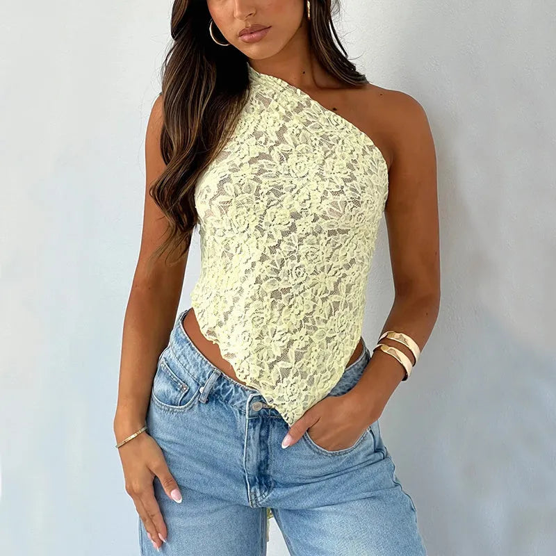 Women's lace backless sleeveless vest with asymmetrical sloped neck in solid colour Polyester fabric