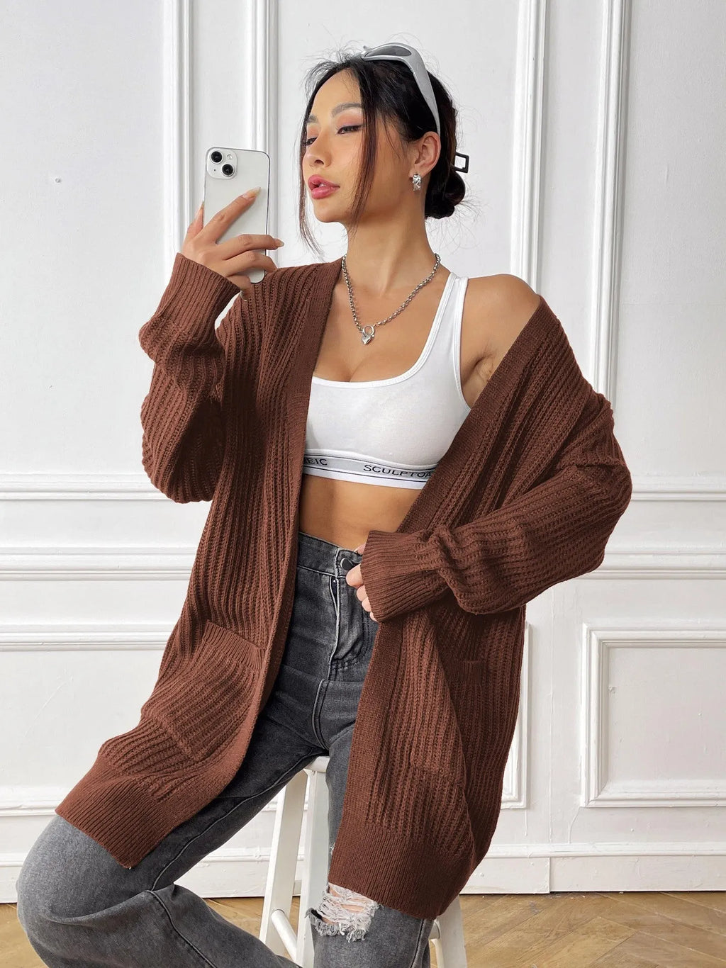 Women's dark green acrylic cardigan with double pockets and mid-length 65cm loose fit