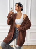 Women's dark green acrylic cardigan with double pockets and mid-length 65cm loose fit