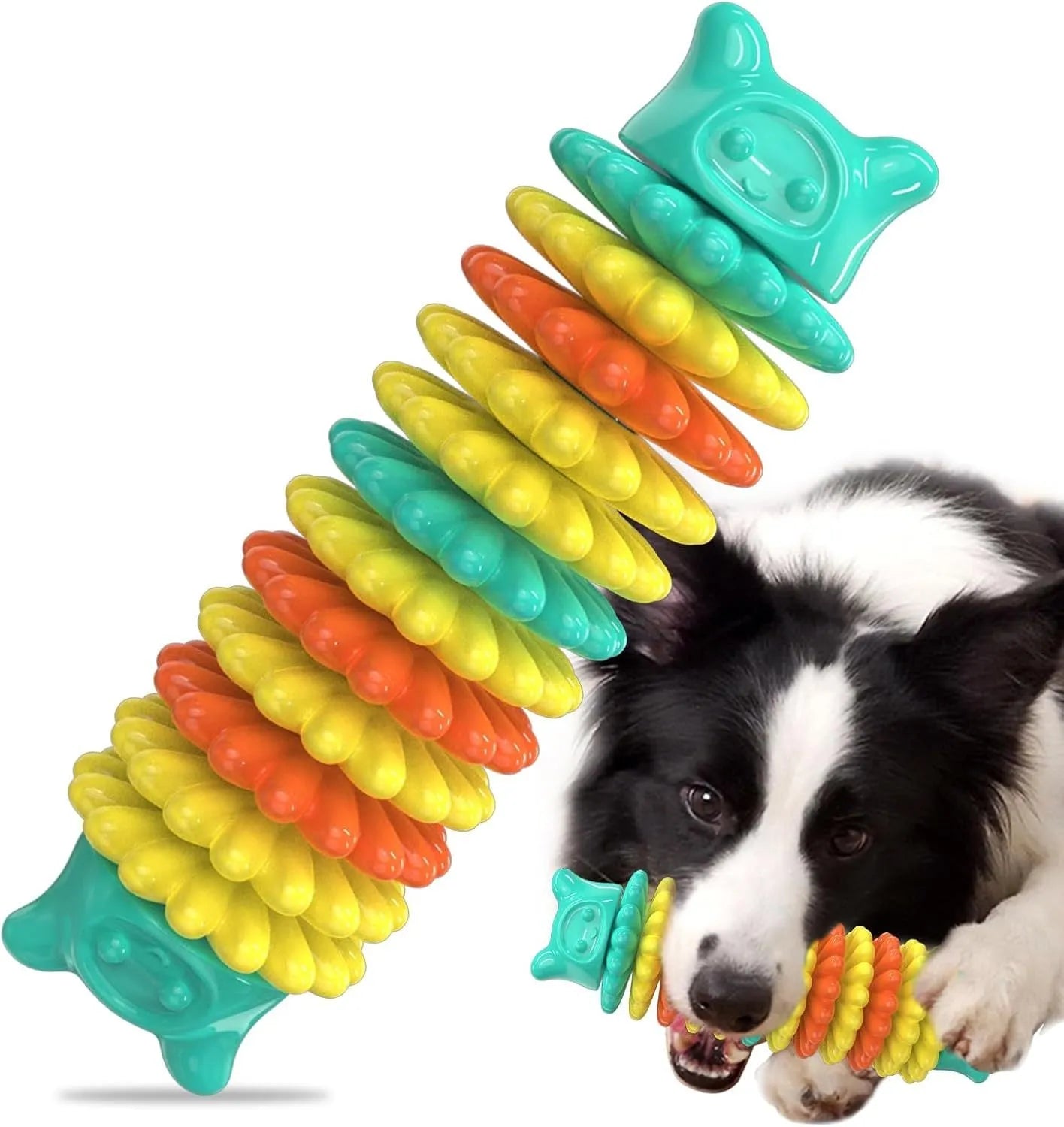 Blue natural rubber caterpillar-shaped dog chew toy for aggressive chewers
