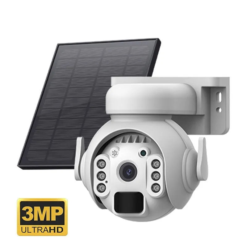 Solar security camera with night vision in camouflage colour with mobile phone showing remote viewing app