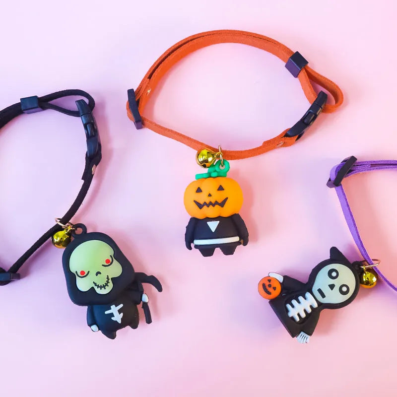 Halloween dog collar decoration in luminous skull design showing polyester material and size measurement indicators