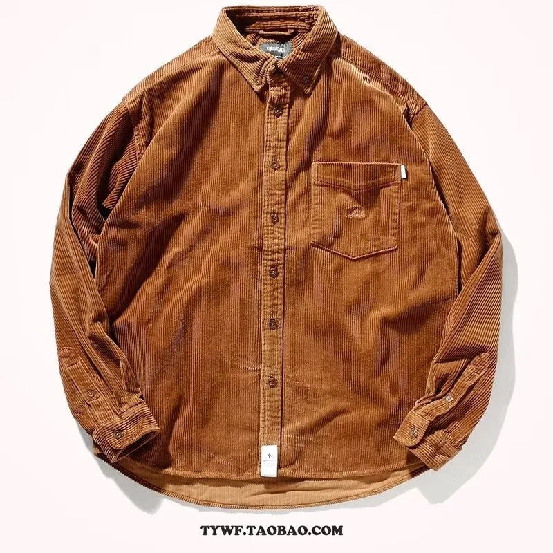 Long sleeve corduroy shirt with loose fit and cardigan style in caramel colour option