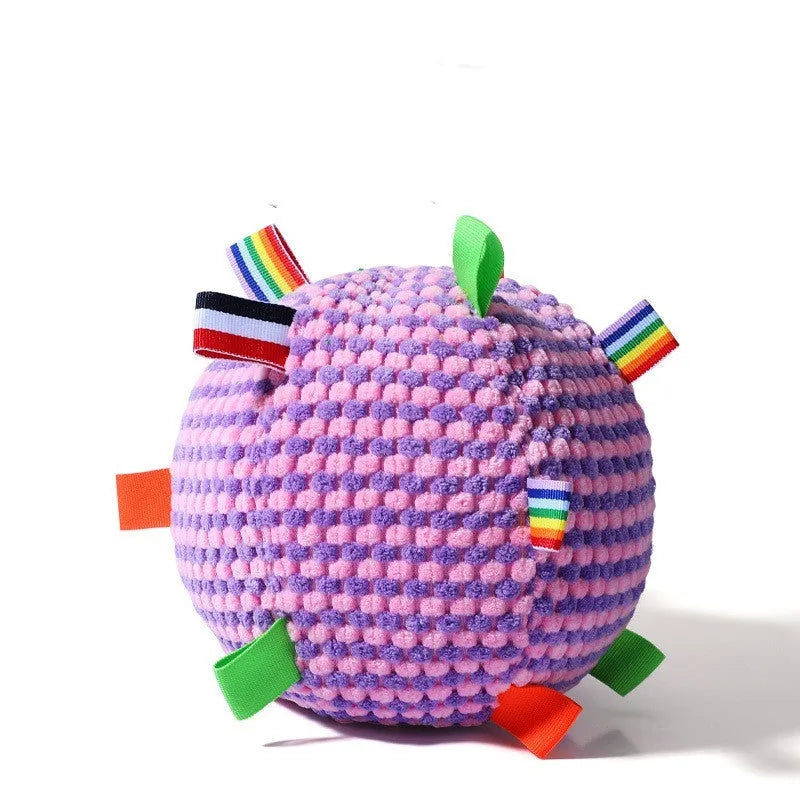 Blue and green pineapple lattice dog ball with ring, approximately 17cm diameter