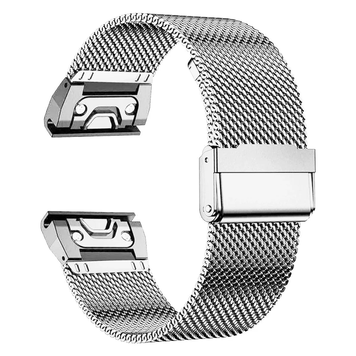 Silver stainless steel card-link watch strap for Garmin Fenix watches on a grey background.