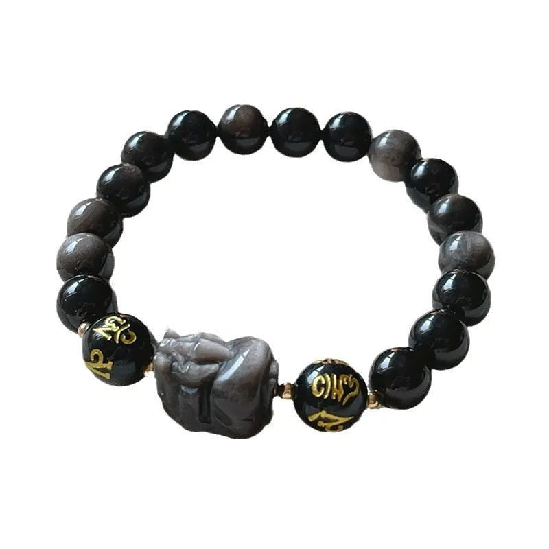 Man's Silverstone beaded bracelet with engraved Chinese proverbs and zodiac symbols.