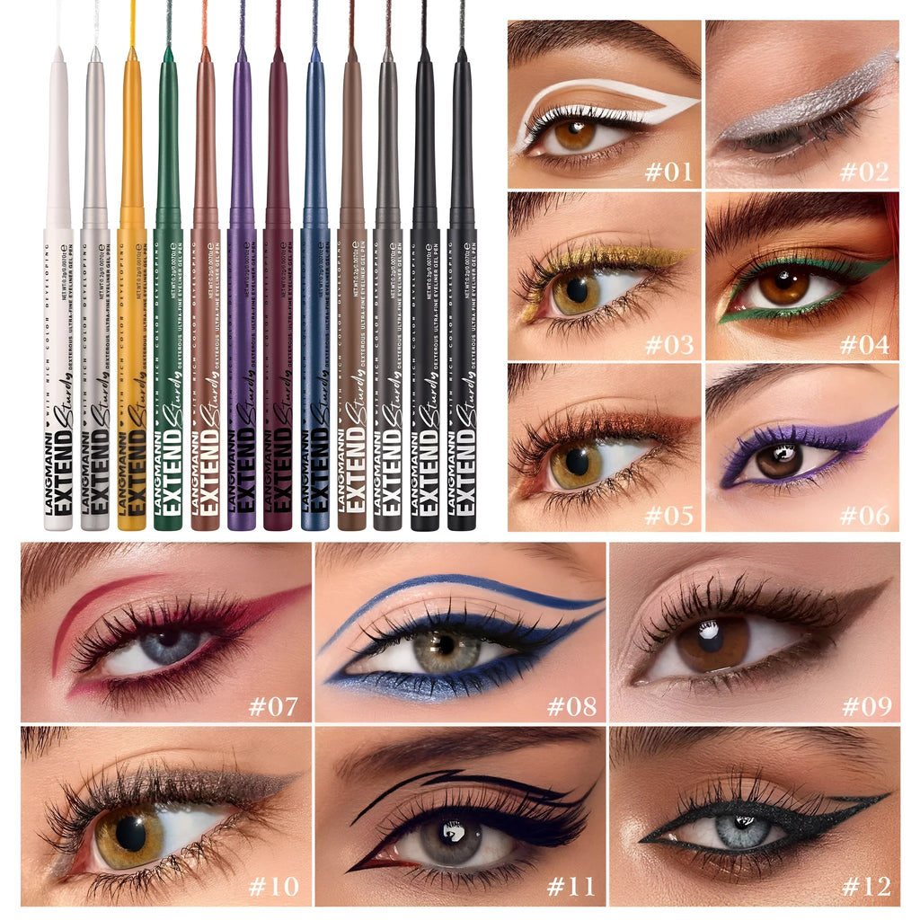 Set of 12 colourful gel glitter eyeliner pencils showing matte, metallic, pearl, and glitter finish effects