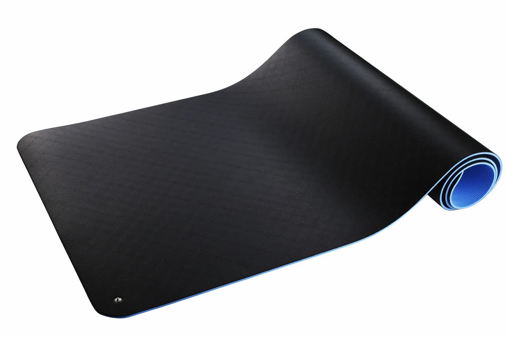 Blue conductive yoga mat with floral pattern, grounding wire, and dimensions 182x61cm.