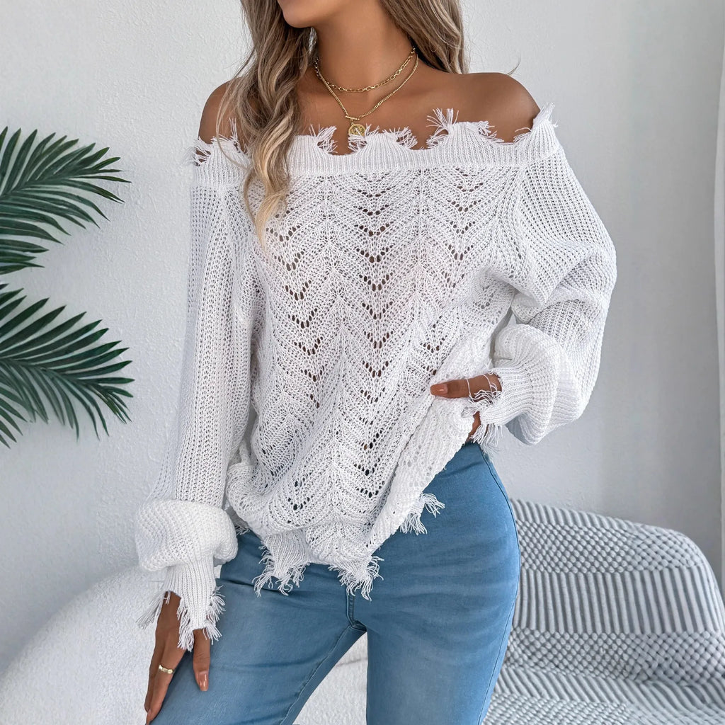 White hollow-out long-sleeved pullover sweater with cut off-the-shoulder design