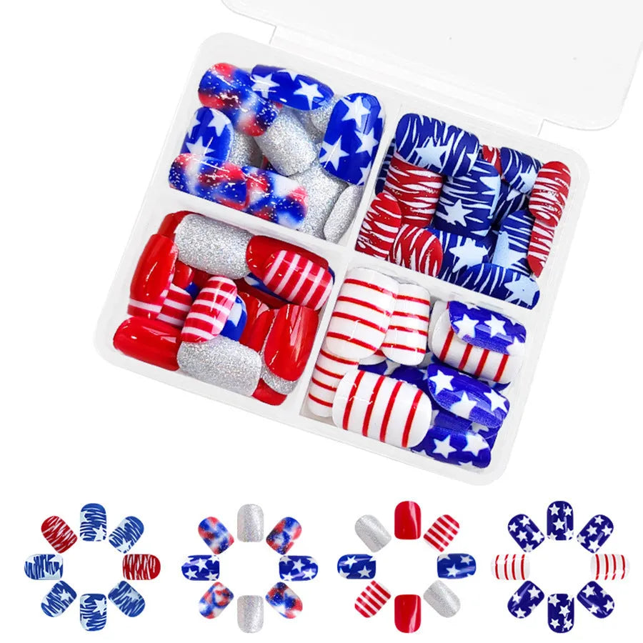 Red, white and blue glitter artificial nail tips with patriotic design in short almond shape