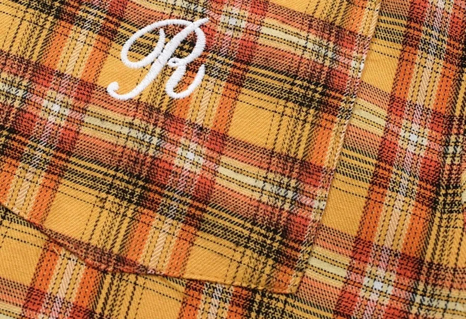 Men's loose fit polyester short sleeve plaid shirt in yellow grid pattern