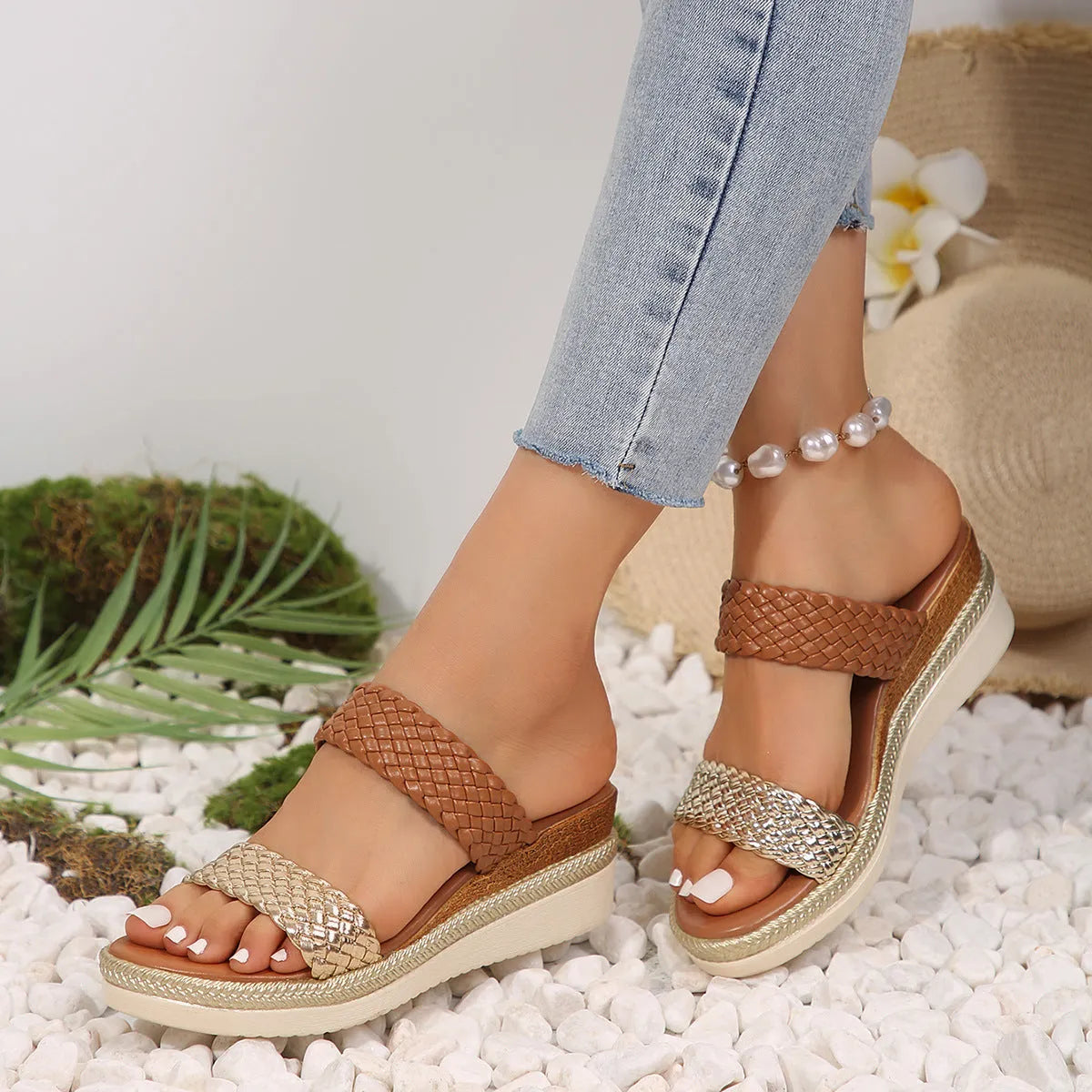 Gold and silver women's plus size wedge sandals with PU upper and rubber sole.