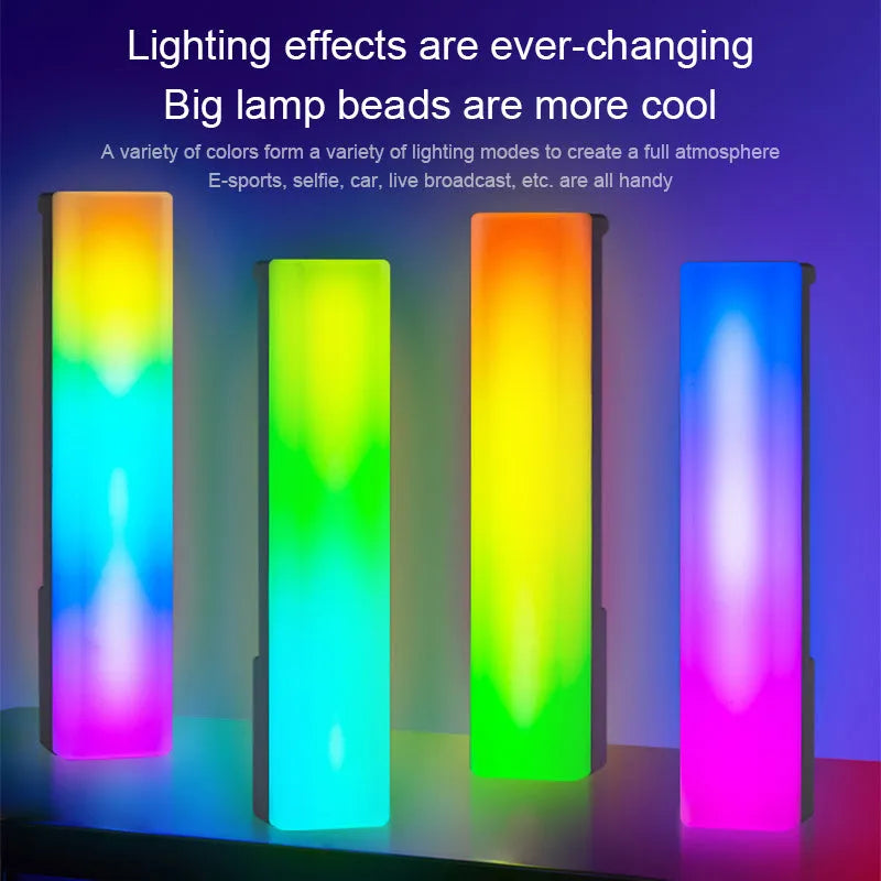 Black and white 3D RGB tabletop ambiance lamp with voice-activated rhythm lights for gaming and decor.