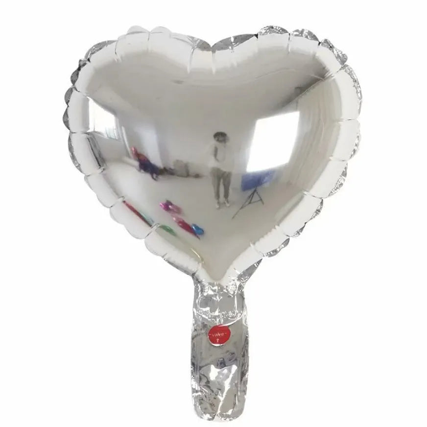 Pack of five sparkling peach heart-shaped aluminium balloons in red, blue, rose and silver colours.