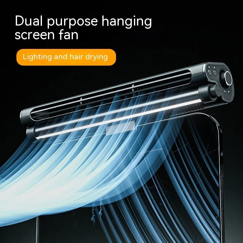 Black bladeless USB clip fan with LED light mounted on laptop screen showing compact design