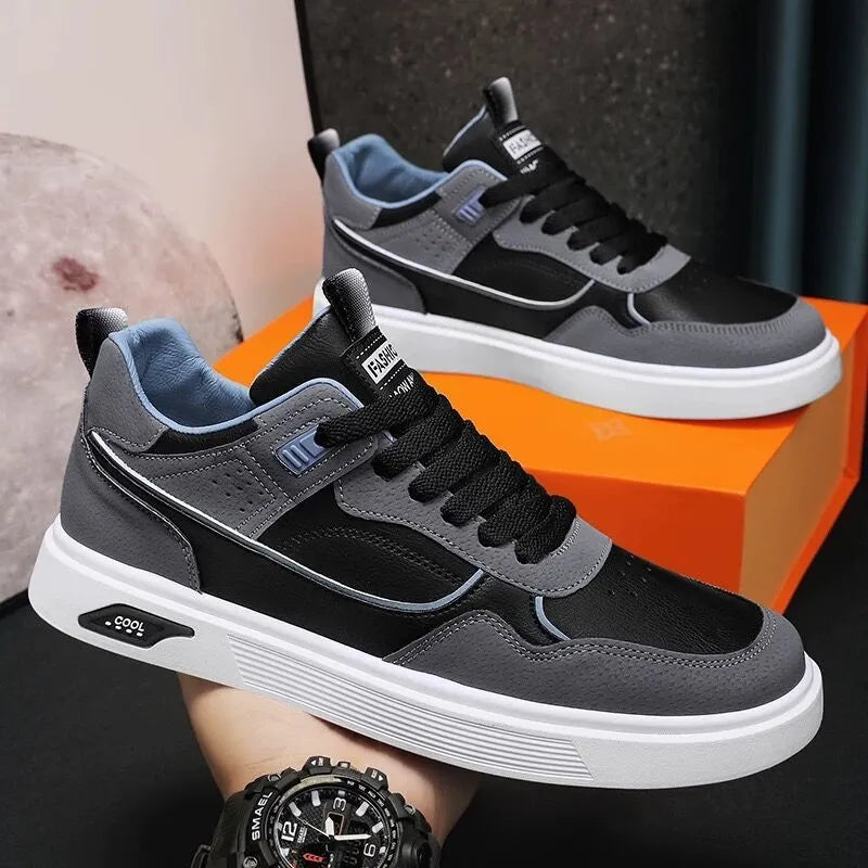Men's low-top canvas board shoes with mesh lining in black, beige, and grey colours.