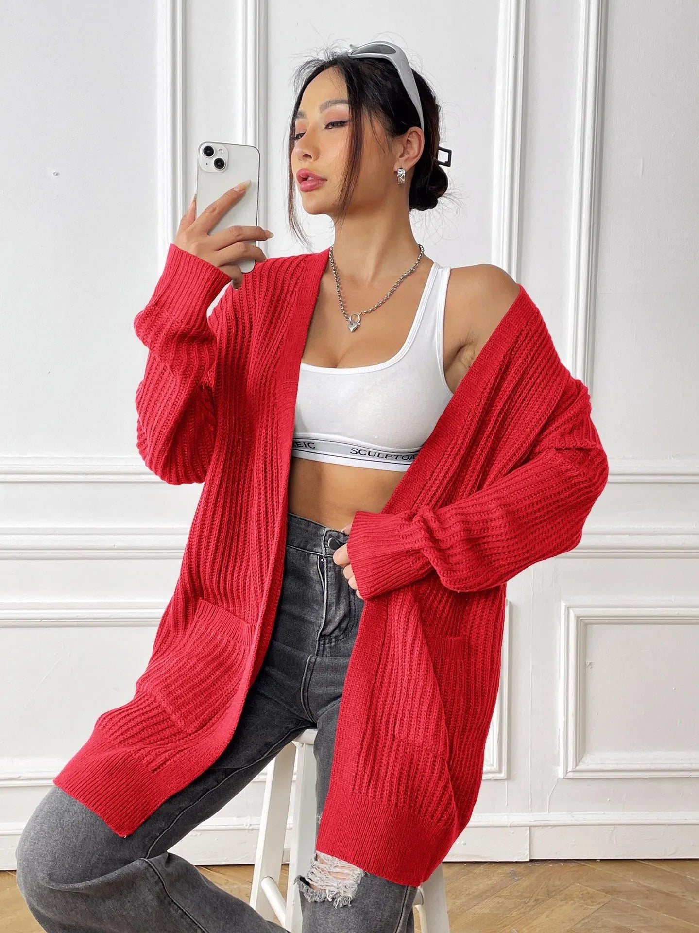 Women's dark green acrylic cardigan with double pockets and mid-length 65cm loose fit