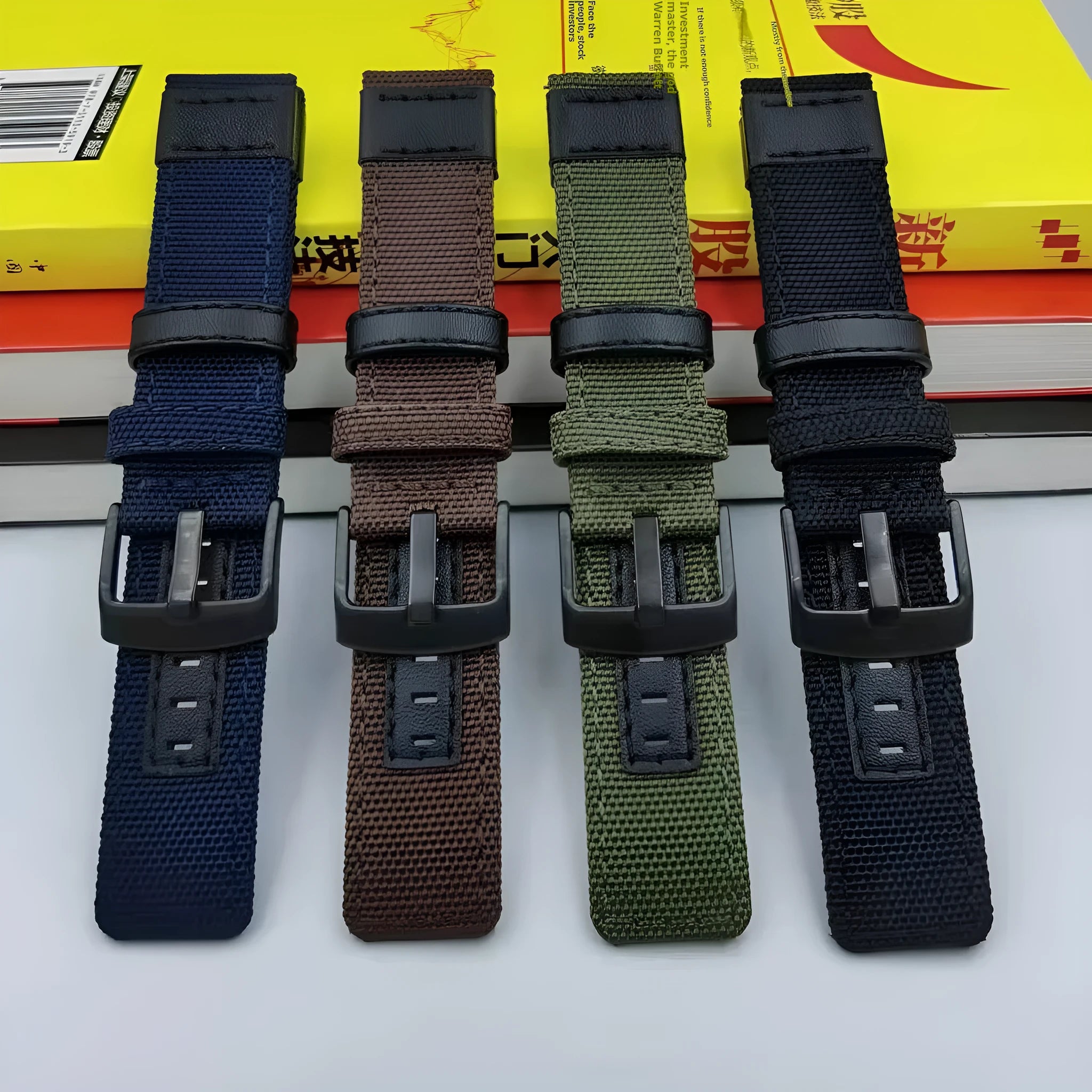 Oxford cloth watch strap shown in multiple colours including camouflage, black, and army green, with size labels for 20mm, 22mm, and 24mm widths.