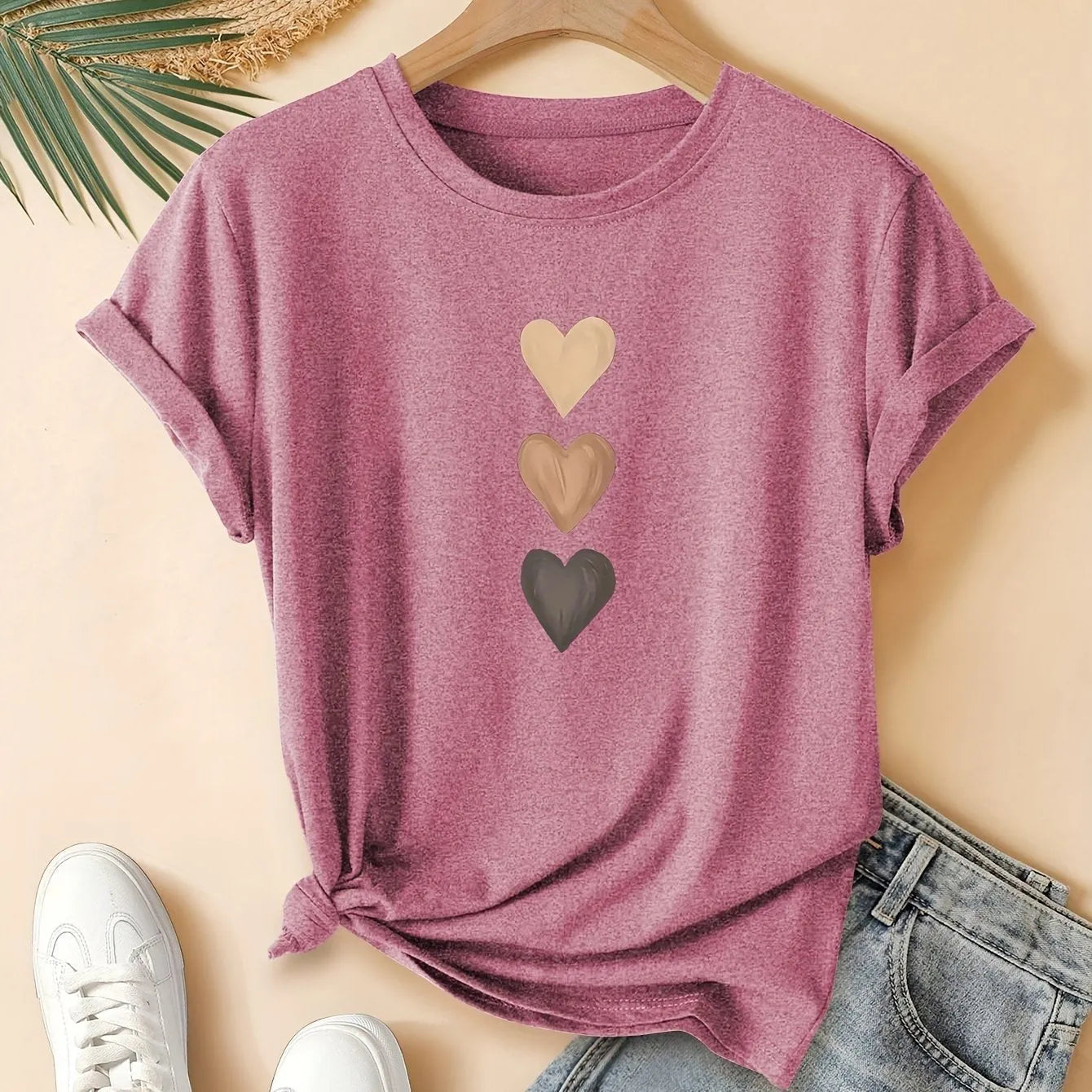 Women's pure cotton short sleeve t-shirt with a printed three-heart pattern in a Chinese retro style, shown in blue.