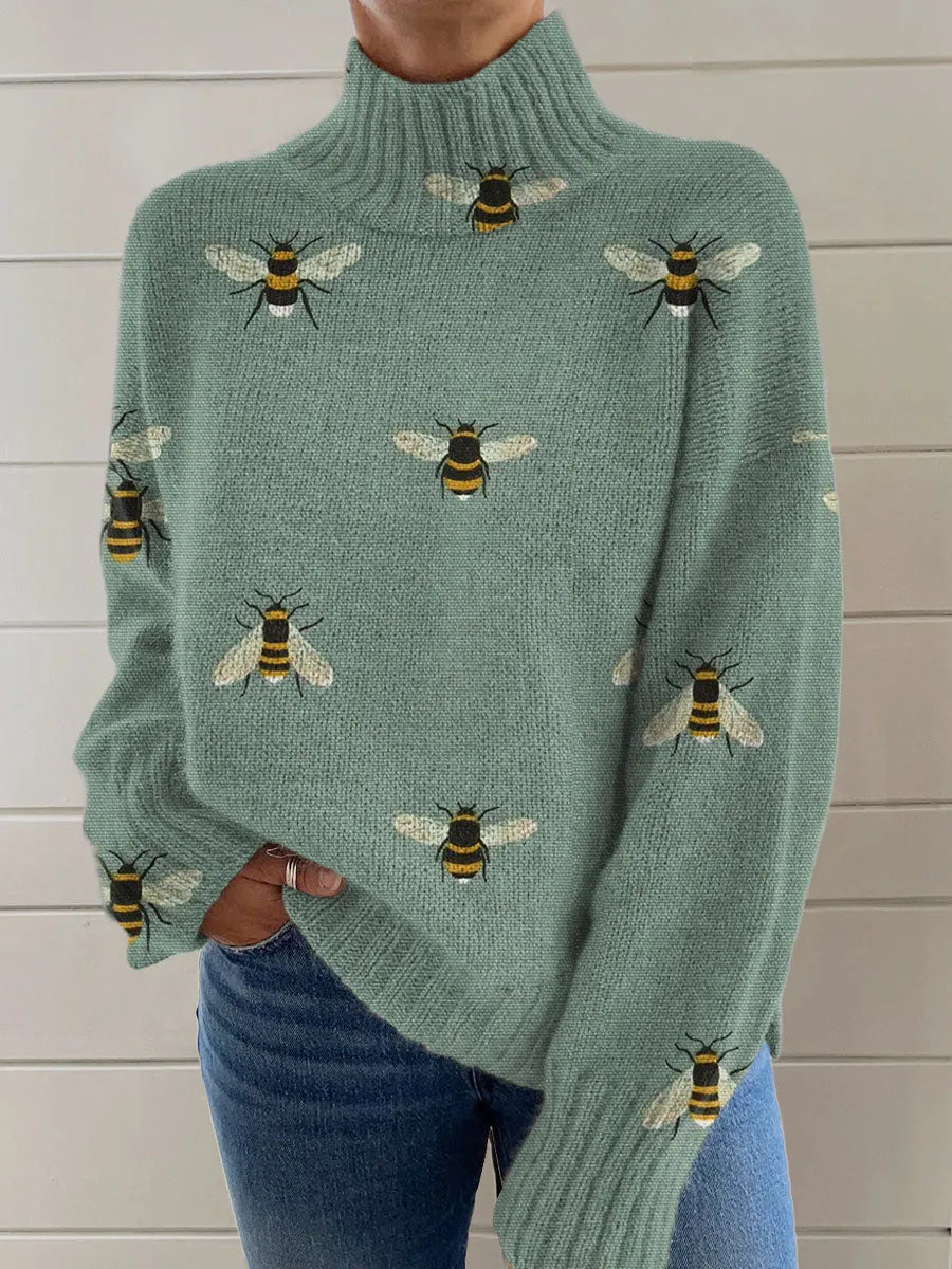 Women's Christmas printed turtleneck sweater showing painting pattern and loose fit