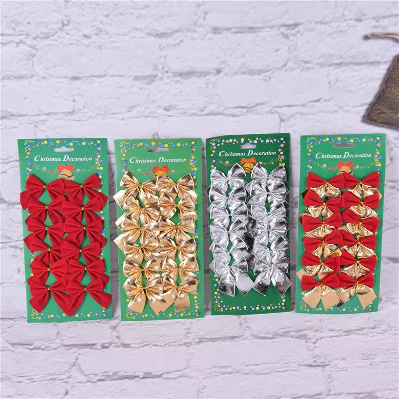 Single 5 cm polyester Christmas decoration bow in a choice of gold, red, red-gold, or silver colours.
