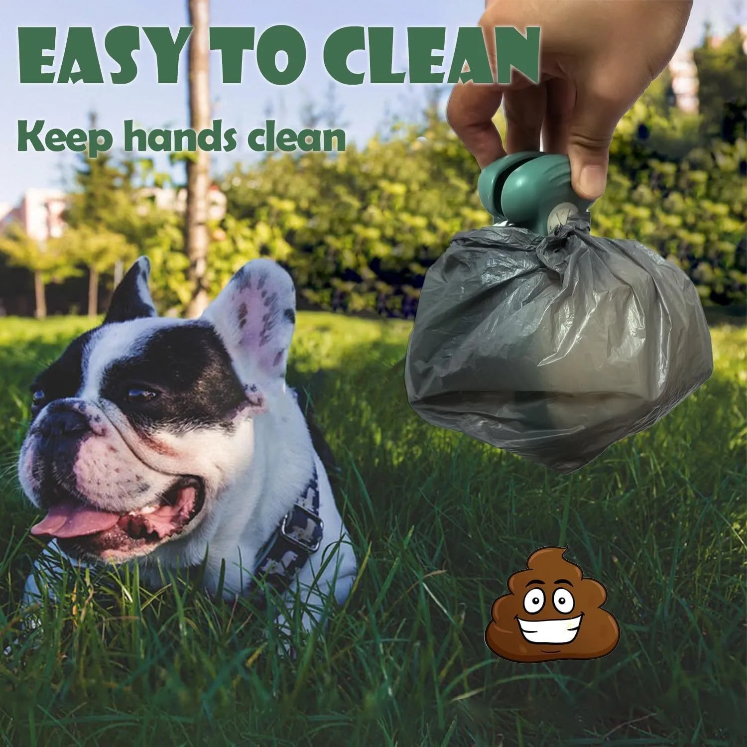 Blue portable handheld dog pooper scooper with expandable waste container and carabiner clip.